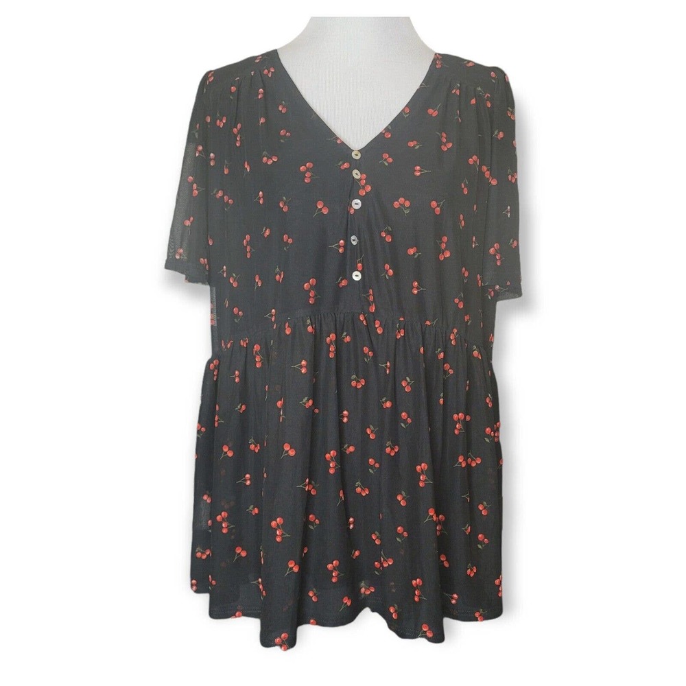 Siren Lily Size Baby Doll Sheer w/ Cherries Blouse Black Retro Plus Size 1X